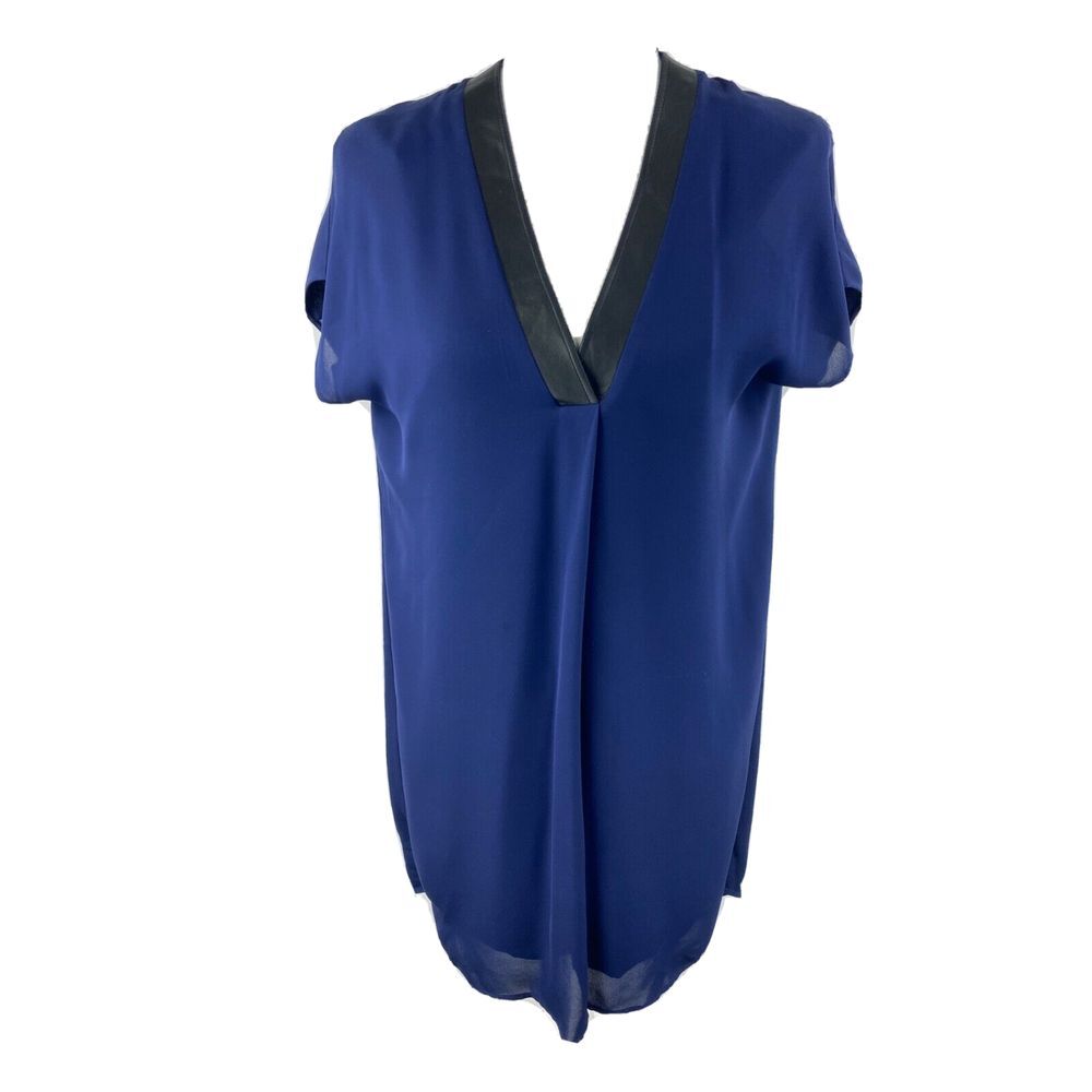 Vince Silk Tunic Dress Cap Sleeve V Neck Mini Blue Lamb Leather Trim Popover S - Picture 1 of 10